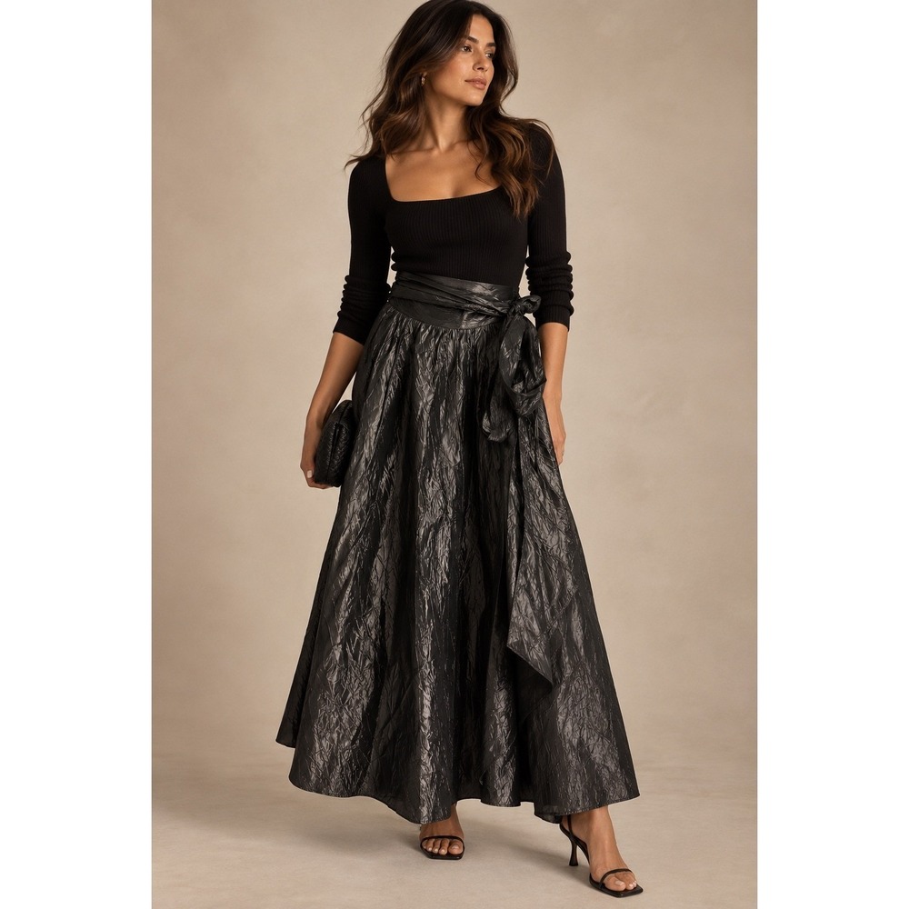 Hampton Nites Vintage Metallic Grey Crinkle Taffeta Maxi Skirt Side Tie Size 6